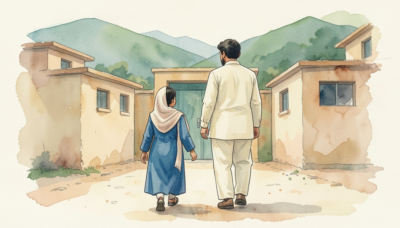 A loose watercolor illustration on warm beige paper, showing a girl and an adult walking toward a school.